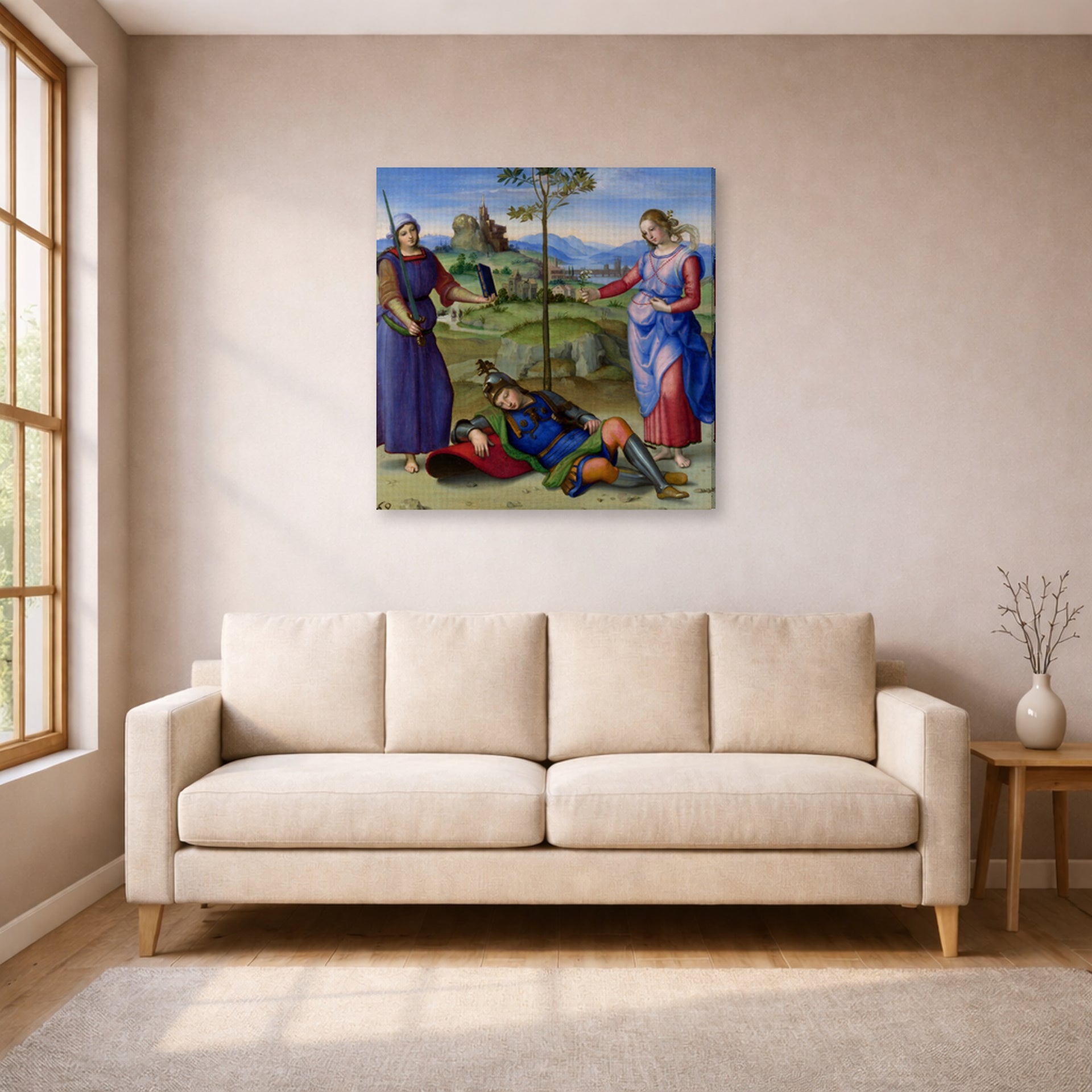 Gallery-wrapped canvas print of Raphael's The Vision of a Knight displayed on a wall in a living room
