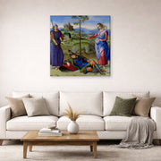 Gallery-wrapped canvas print of Raphael's The Vision of a Knight displayed on a wall in a living room
