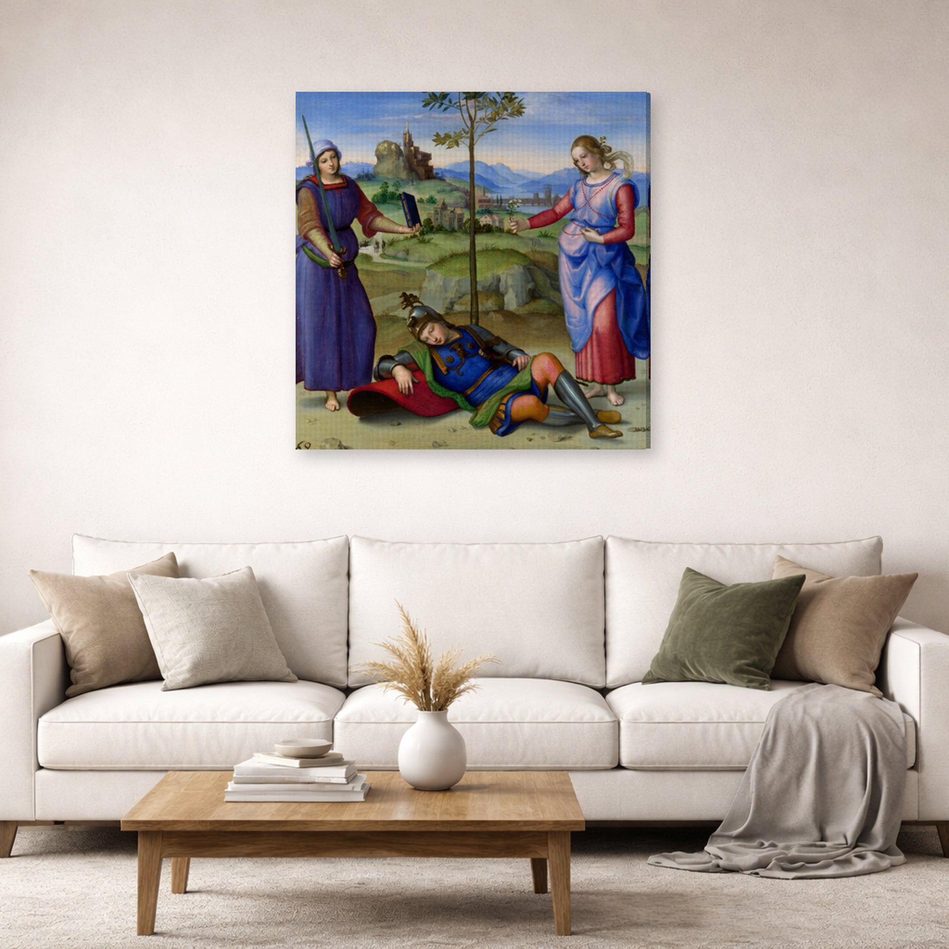Gallery-wrapped canvas print of Raphael's The Vision of a Knight displayed on a wall in a living room