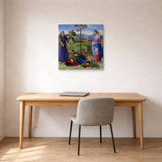 Gallery-wrapped canvas print of Raphael's The Vision of a Knight displayed on a wall in a office