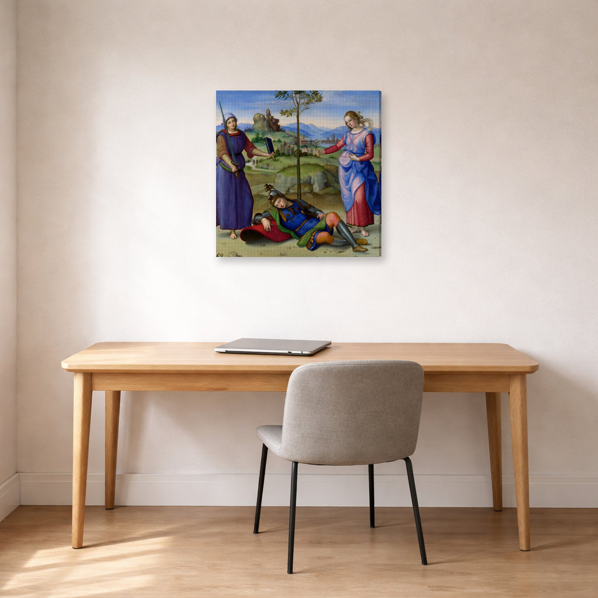 Gallery-wrapped canvas print of Raphael's The Vision of a Knight displayed on a wall in a office