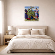 Unframed poster print of Raphael's The Vision of a Knight displayed on a wall in a bedroom