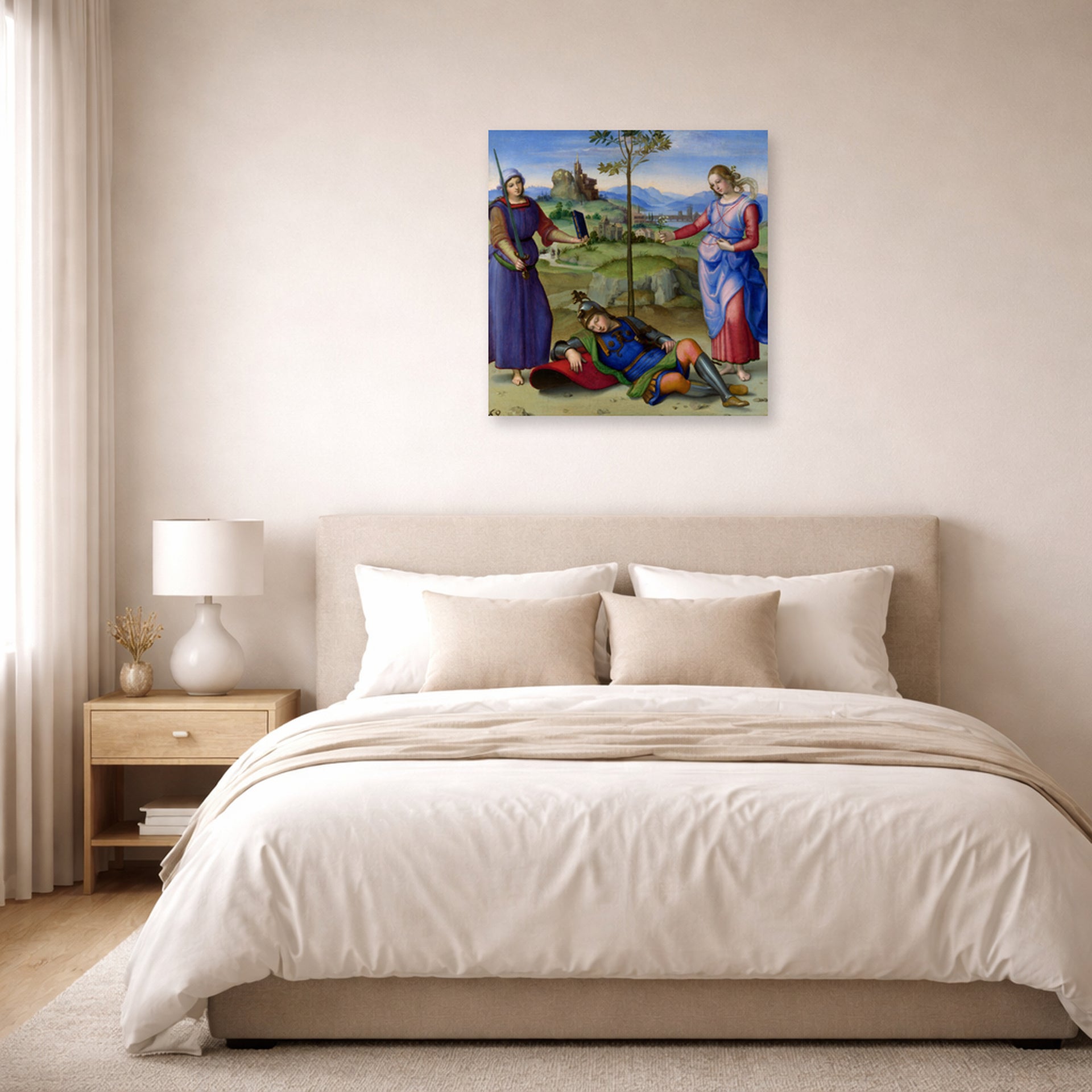 Unframed poster print of Raphael's The Vision of a Knight displayed on a wall in a bedroom