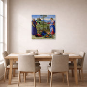 Unframed poster print of Raphael's The Vision of a Knight displayed on a wall in a dining