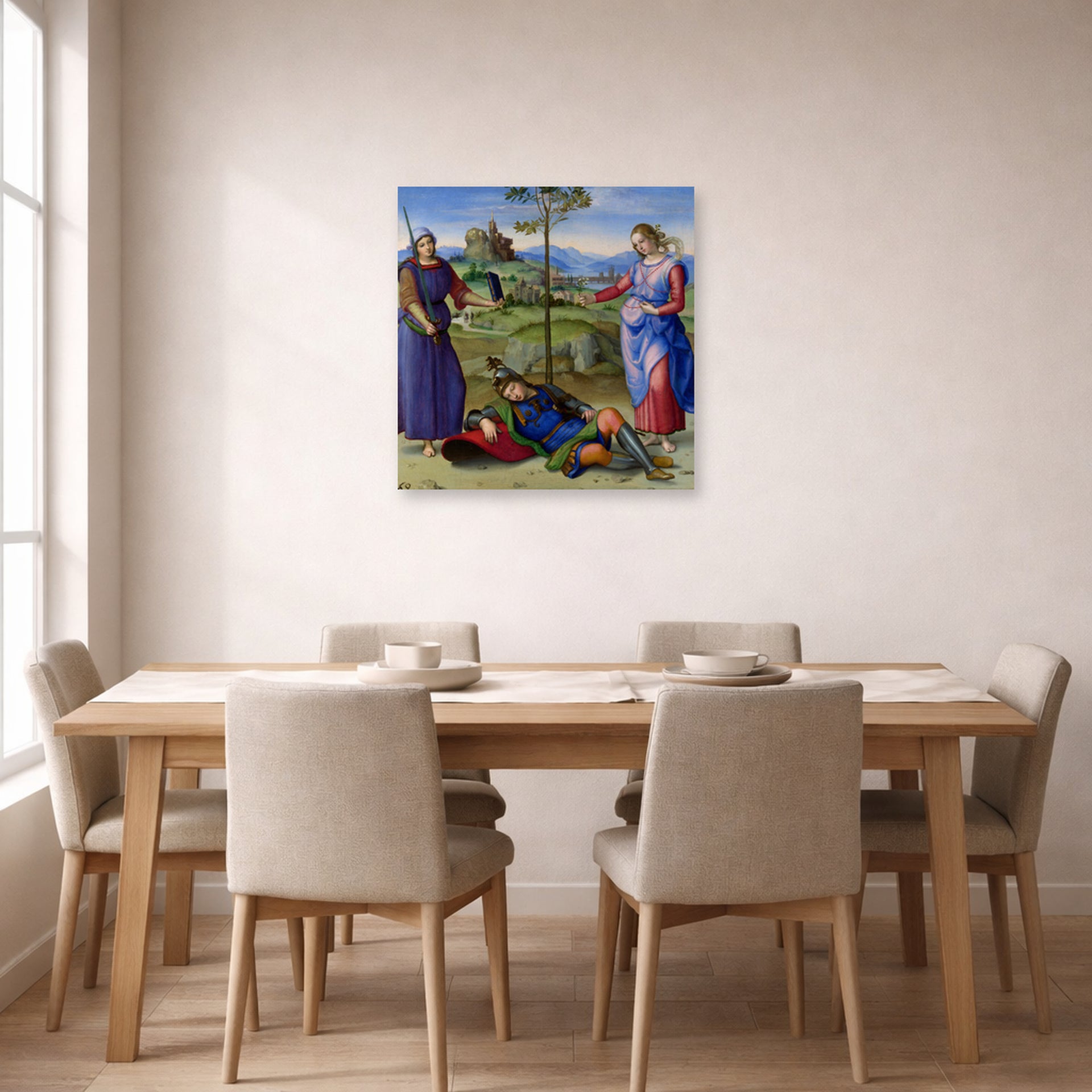 Unframed poster print of Raphael's The Vision of a Knight displayed on a wall in a dining