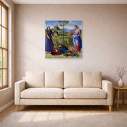 Unframed poster print of Raphael's The Vision of a Knight displayed on a wall in a living room
