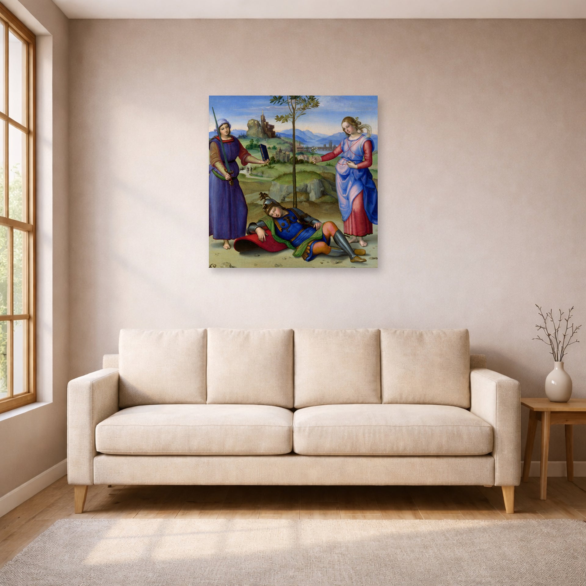 Unframed poster print of Raphael's The Vision of a Knight displayed on a wall in a living room