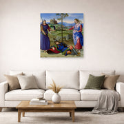 Unframed poster print of Raphael's The Vision of a Knight displayed on a wall in a living room