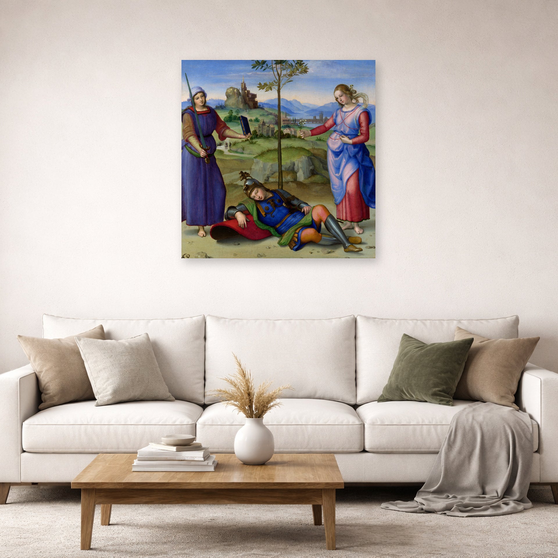 Unframed poster print of Raphael's The Vision of a Knight displayed on a wall in a living room