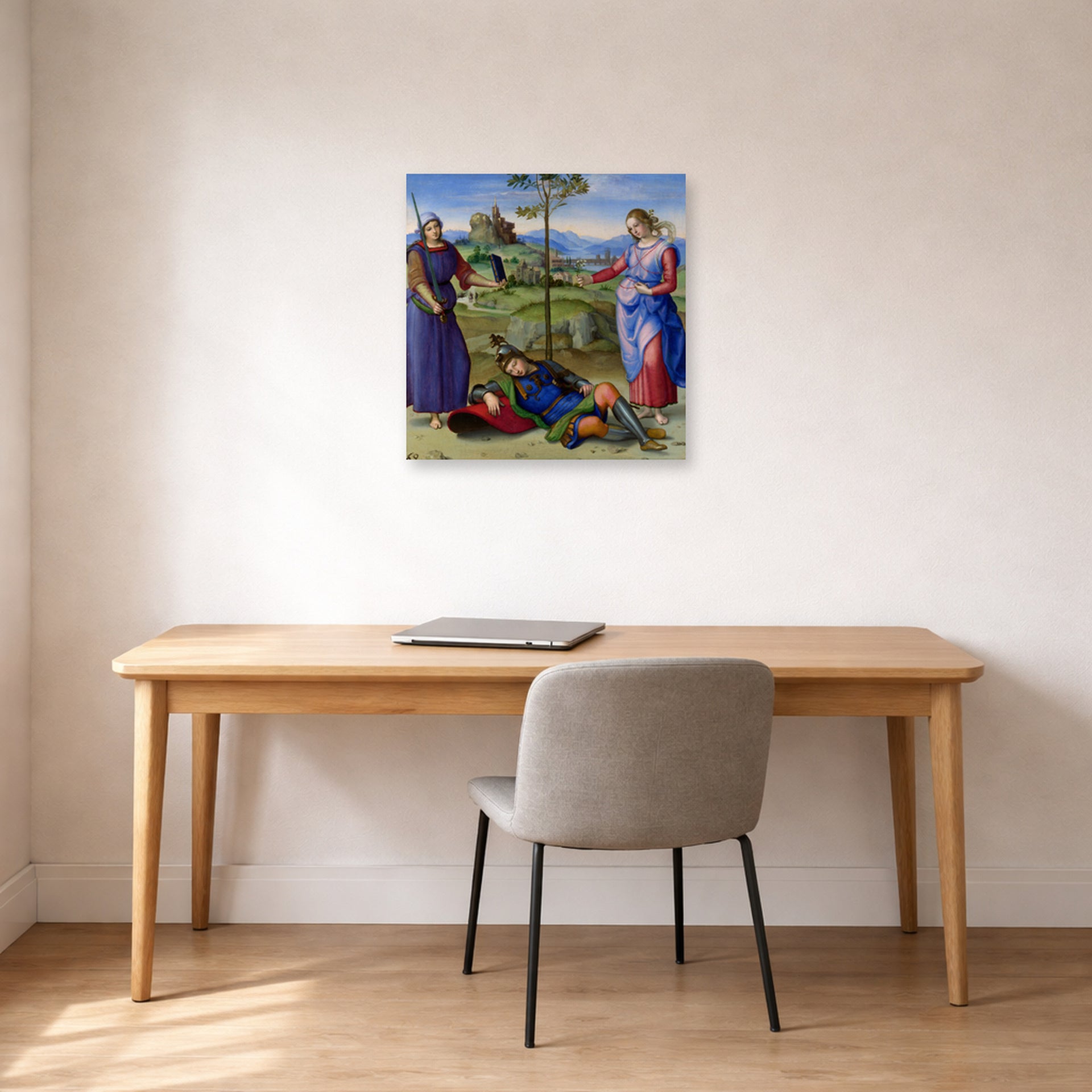 Unframed poster print of Raphael's The Vision of a Knight displayed on a wall in a office