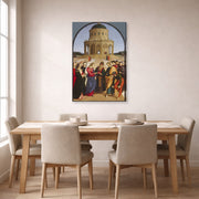 Gallery-wrapped canvas print of Raphael's The Wedding of the Virgin displayed on a wall in a dining