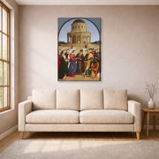 Gallery-wrapped canvas print of Raphael's The Wedding of the Virgin displayed on a wall in a living room