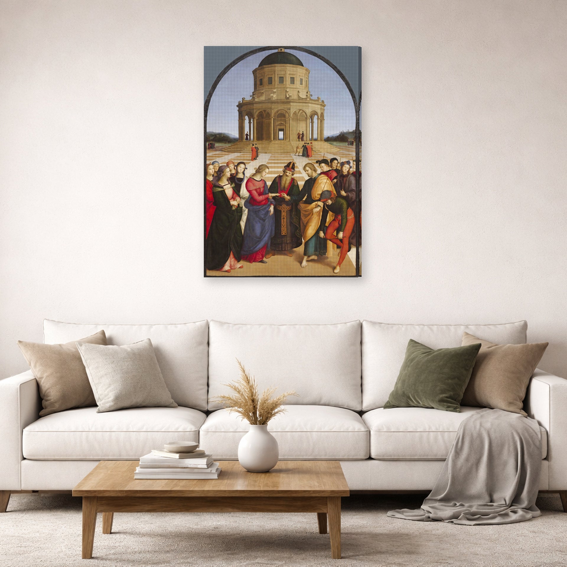 Gallery-wrapped canvas print of Raphael's The Wedding of the Virgin displayed on a wall in a living room