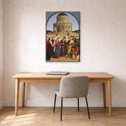 Gallery-wrapped canvas print of Raphael's The Wedding of the Virgin displayed on a wall in a office