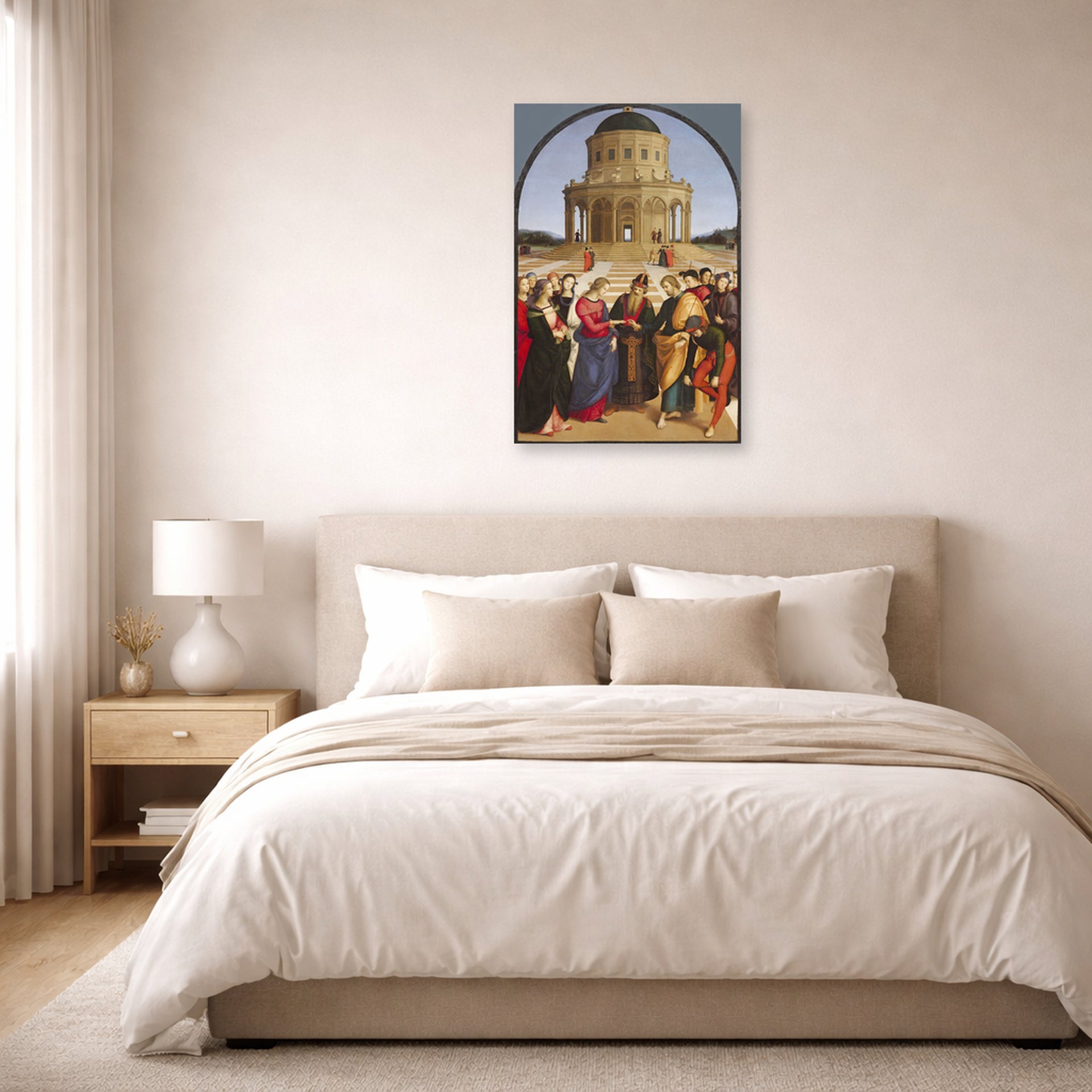 Unframed poster print of Raphael's The Wedding of the Virgin displayed on a wall in a bedroom