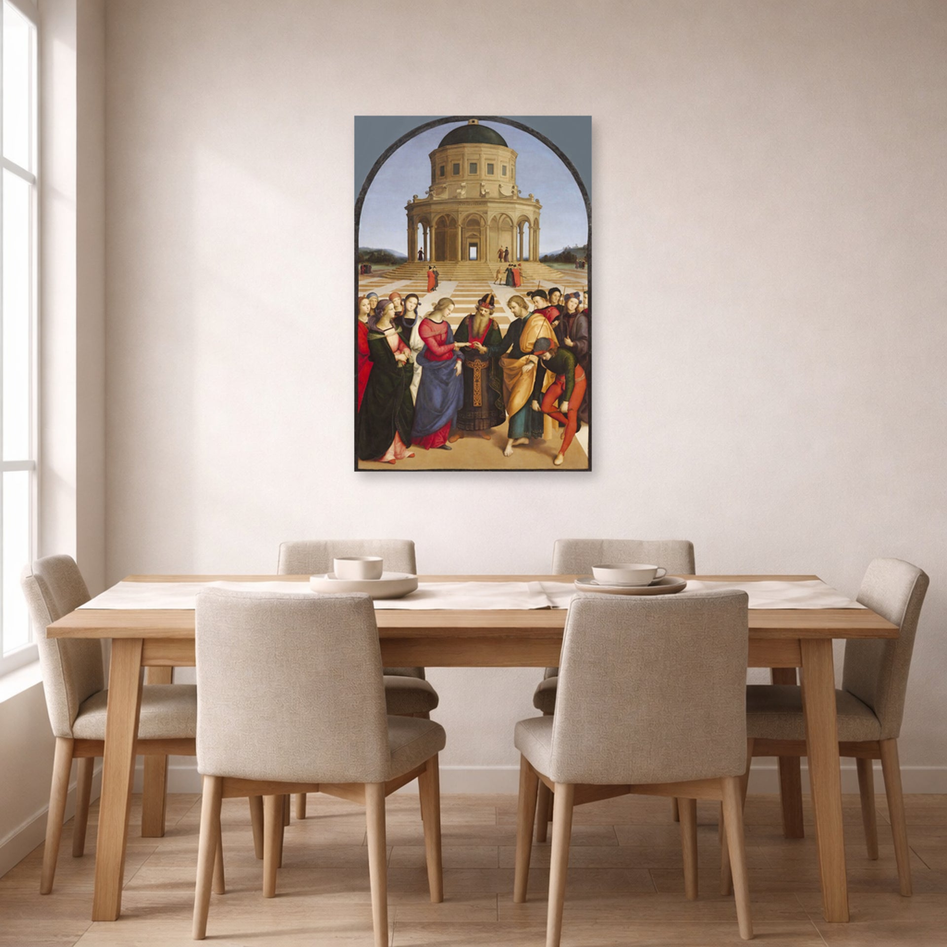 Unframed poster print of Raphael's The Wedding of the Virgin displayed on a wall in a dining