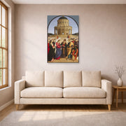 Unframed poster print of Raphael's The Wedding of the Virgin displayed on a wall in a living room