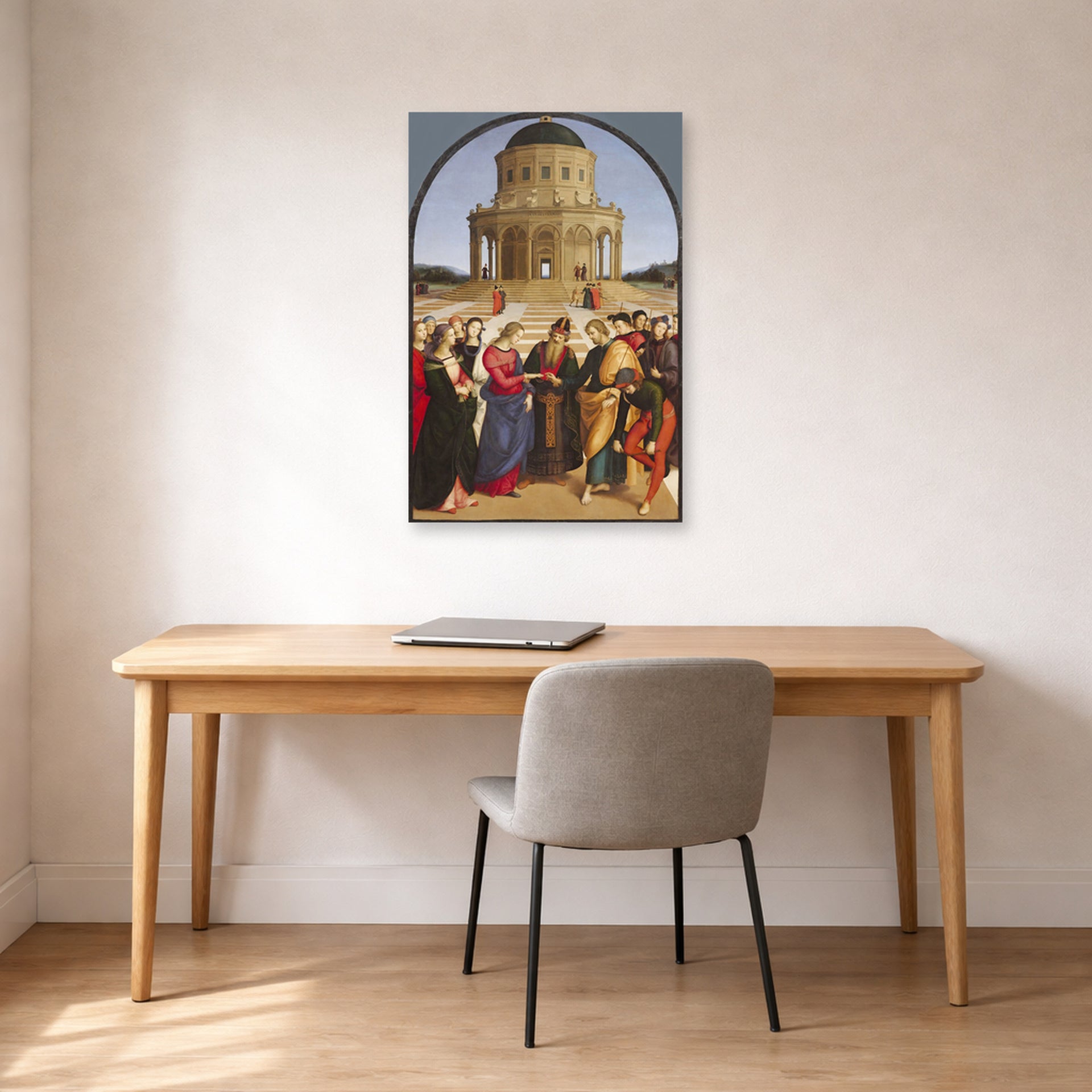 Unframed poster print of Raphael's The Wedding of the Virgin displayed on a wall in a office