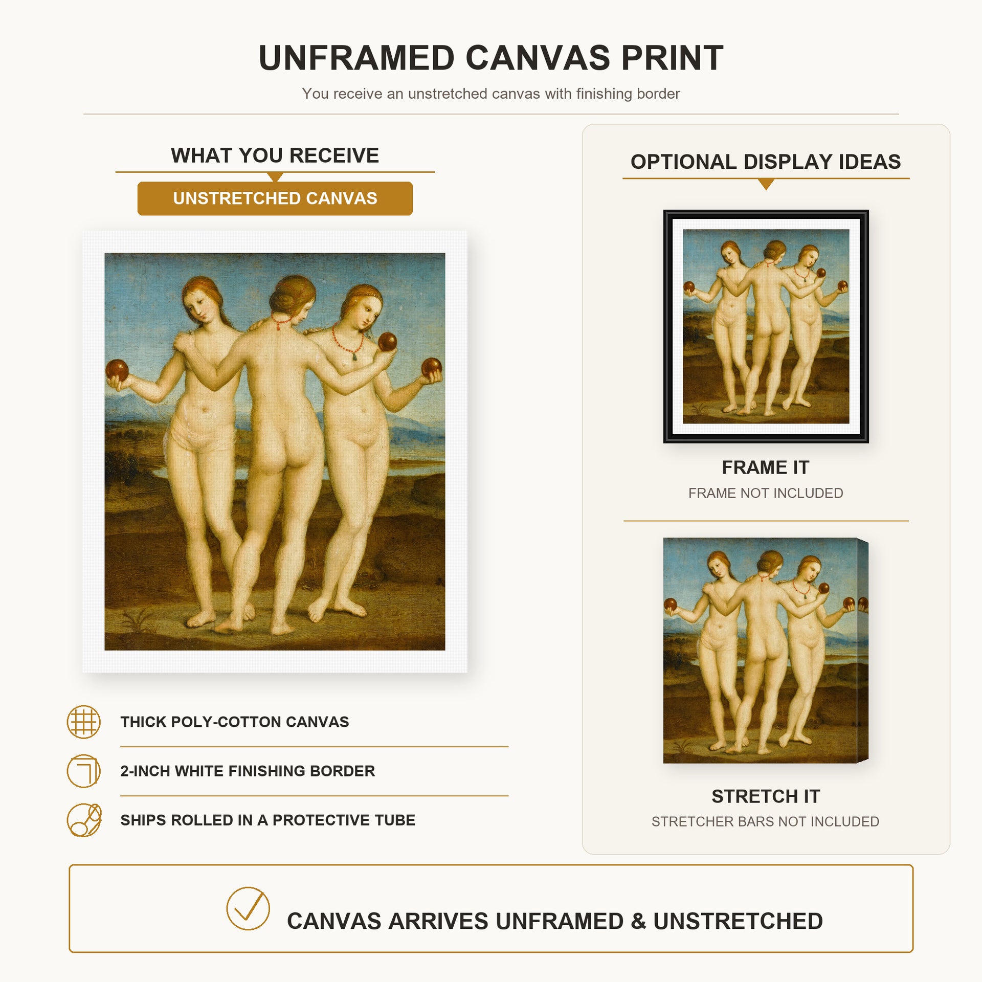 Raphael - Three Graces canvas print size comparison and framing display infographic