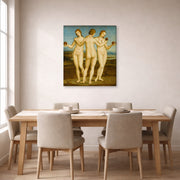 Gallery-wrapped canvas print of Raphael's Three Graces displayed on a wall in a dining