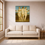 Gallery-wrapped canvas print of Raphael's Three Graces displayed on a wall in a living room