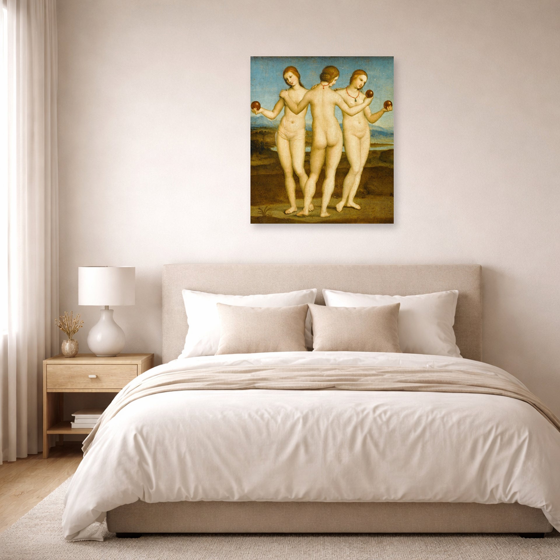 Unframed poster print of Raphael's Three Graces displayed on a wall in a bedroom