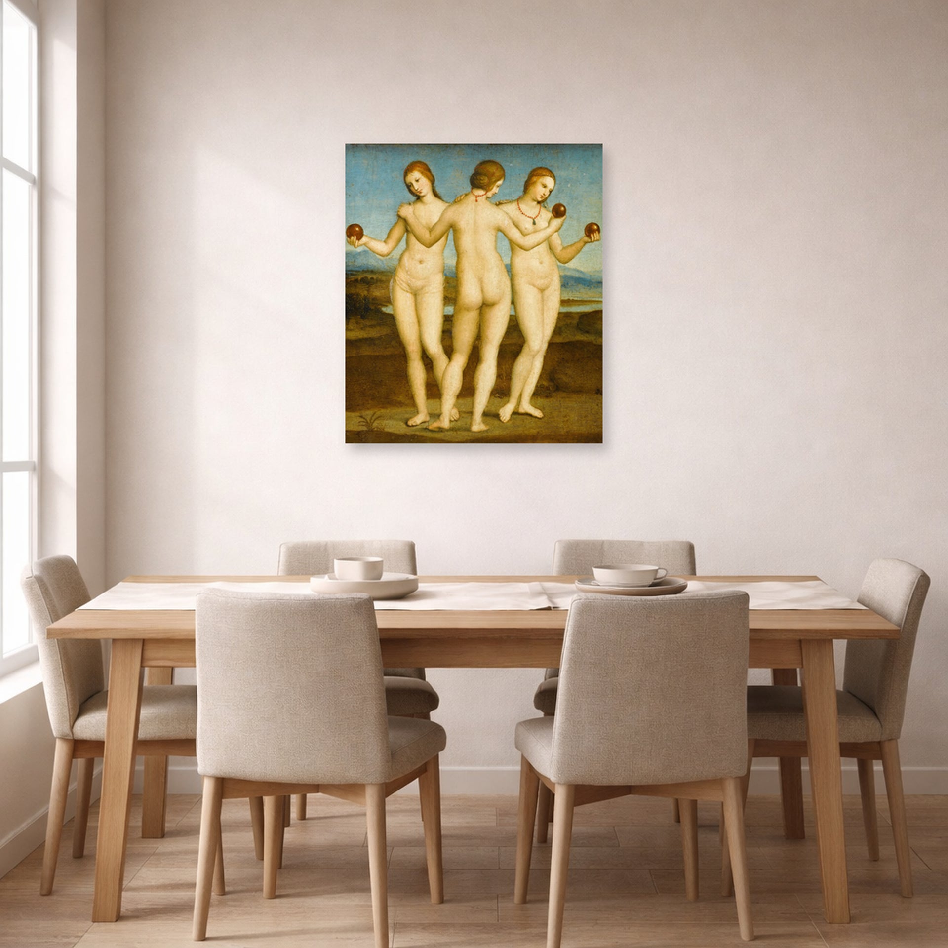 Unframed poster print of Raphael's Three Graces displayed on a wall in a dining
