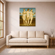 Unframed poster print of Raphael's Three Graces displayed on a wall in a living room