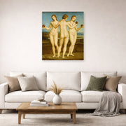 Unframed poster print of Raphael's Three Graces displayed on a wall in a living room