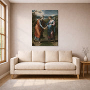 Gallery-wrapped canvas print of Raphael's Visitacion displayed on a wall in a living room