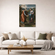 Gallery-wrapped canvas print of Raphael's Visitacion displayed on a wall in a living room