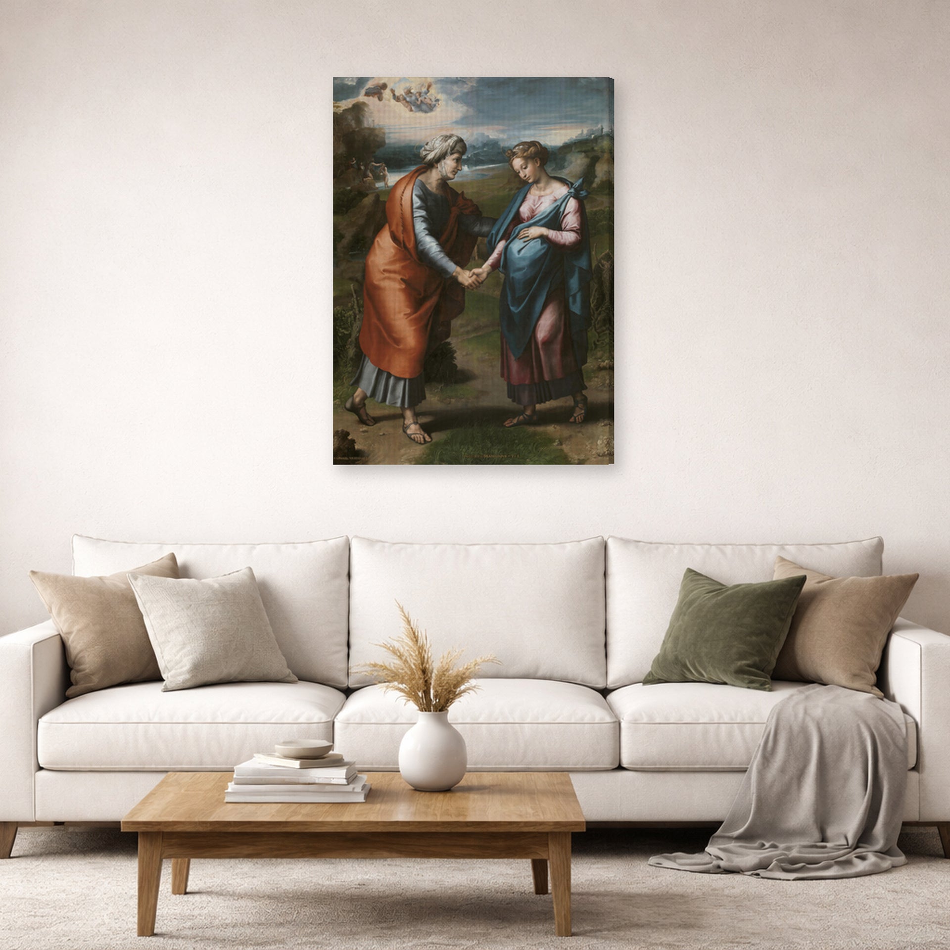 Gallery-wrapped canvas print of Raphael's Visitacion displayed on a wall in a living room