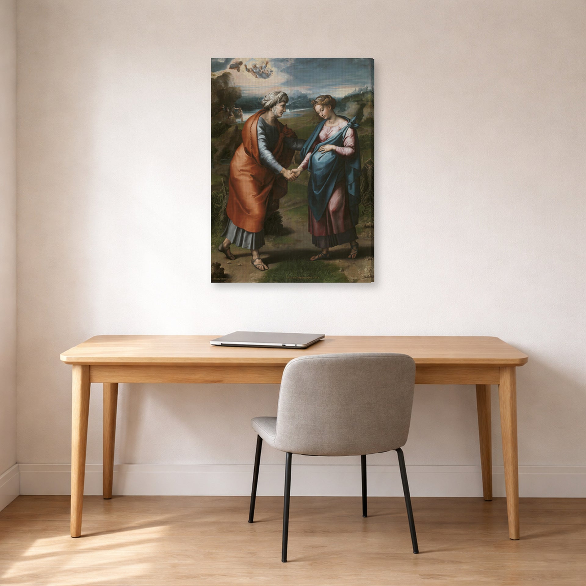 Gallery-wrapped canvas print of Raphael's Visitacion displayed on a wall in a office