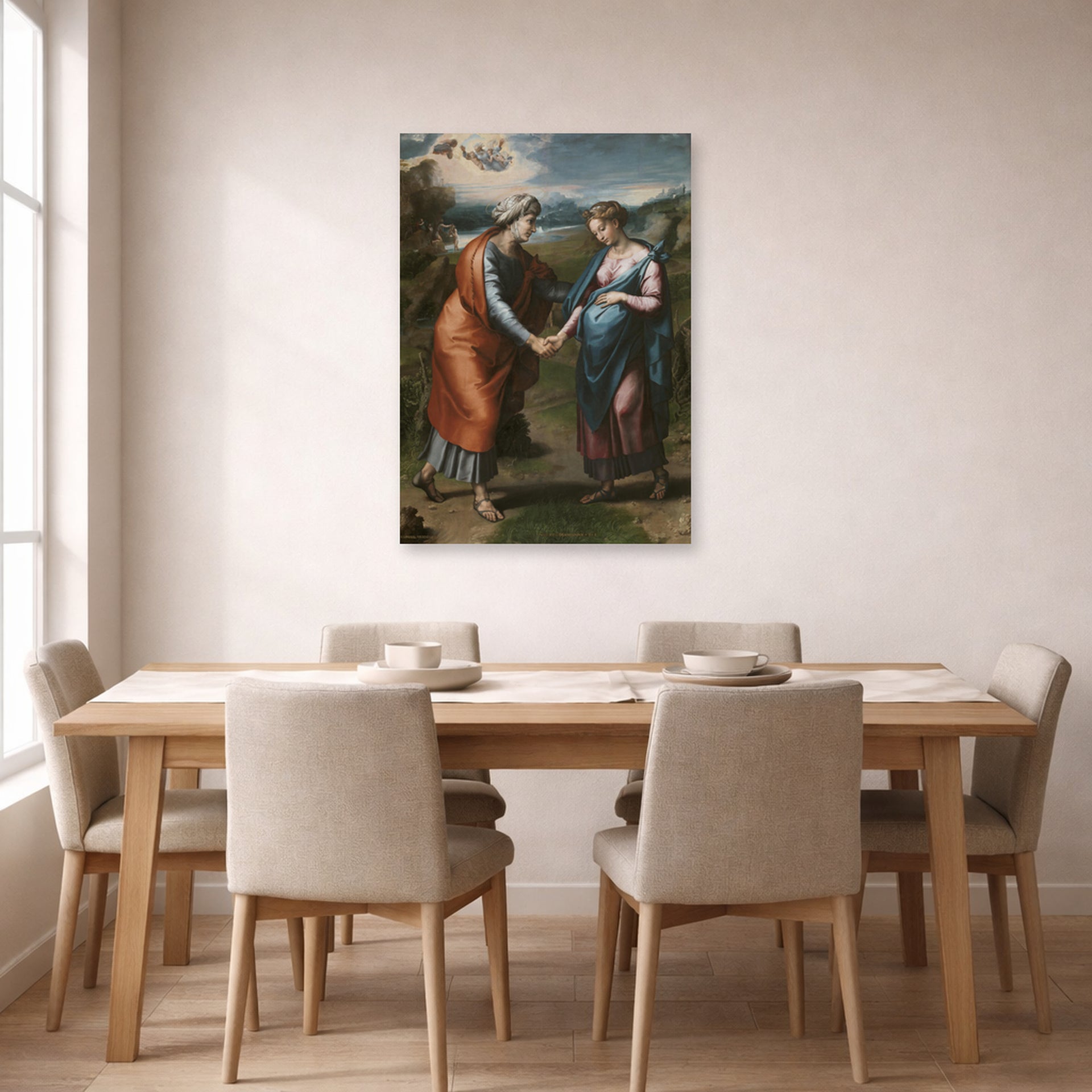 Unframed poster print of Raphael's Visitacion displayed on a wall in a dining