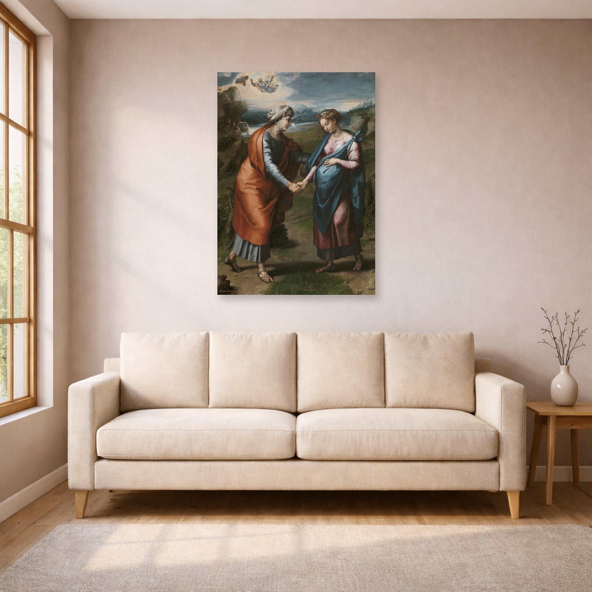 Unframed poster print of Raphael's Visitacion displayed on a wall in a living room