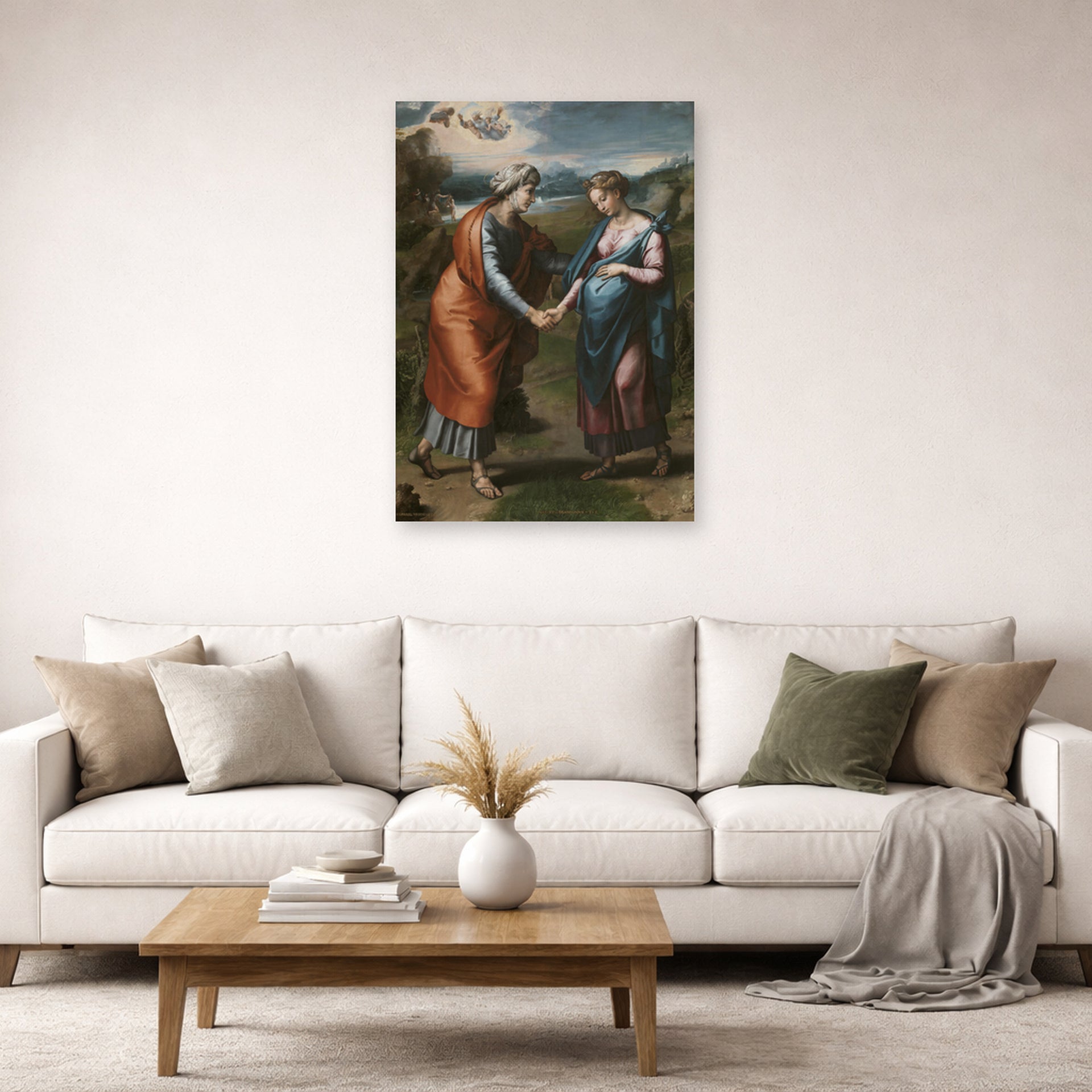 Unframed poster print of Raphael's Visitacion displayed on a wall in a living room