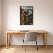 Unframed poster print of Raphael's Visitacion displayed on a wall in a office