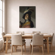 Gallery-wrapped canvas print of Rembrandt's A Man in a Gorget and Cap displayed on a wall in a dining room