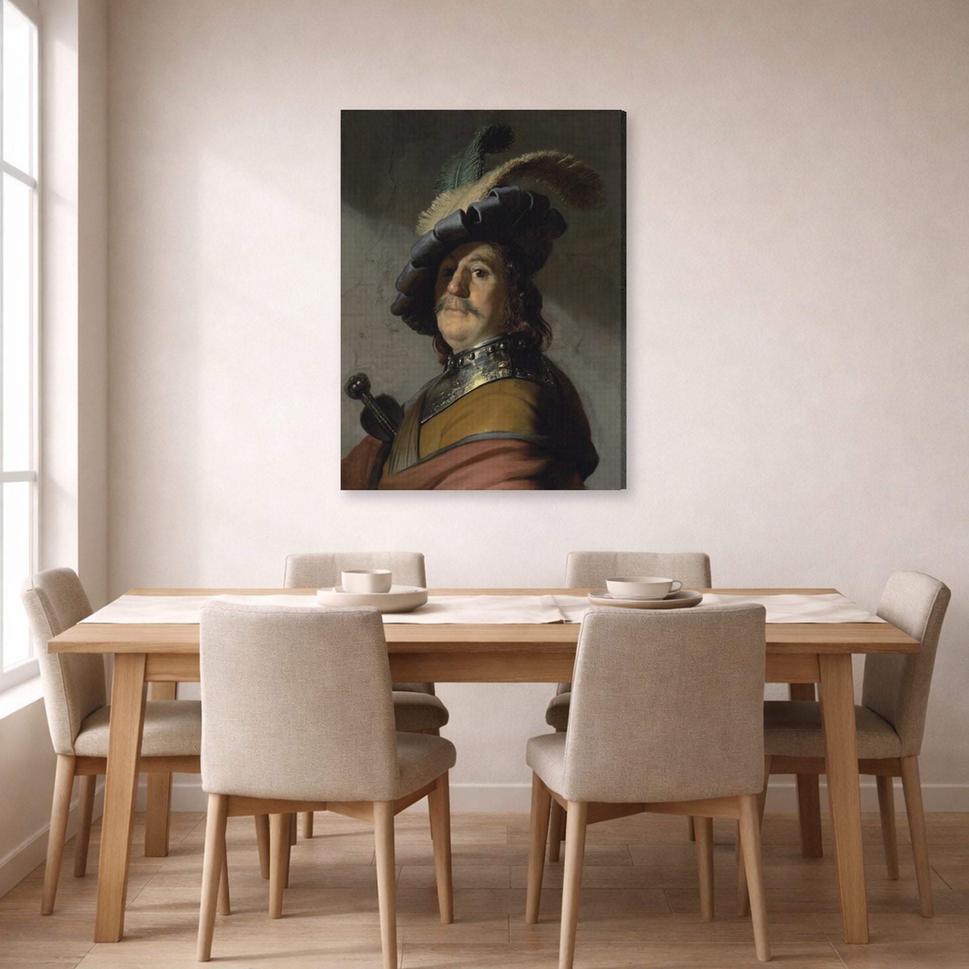 Gallery-wrapped canvas print of Rembrandt's A Man in a Gorget and Cap displayed on a wall in a dining room