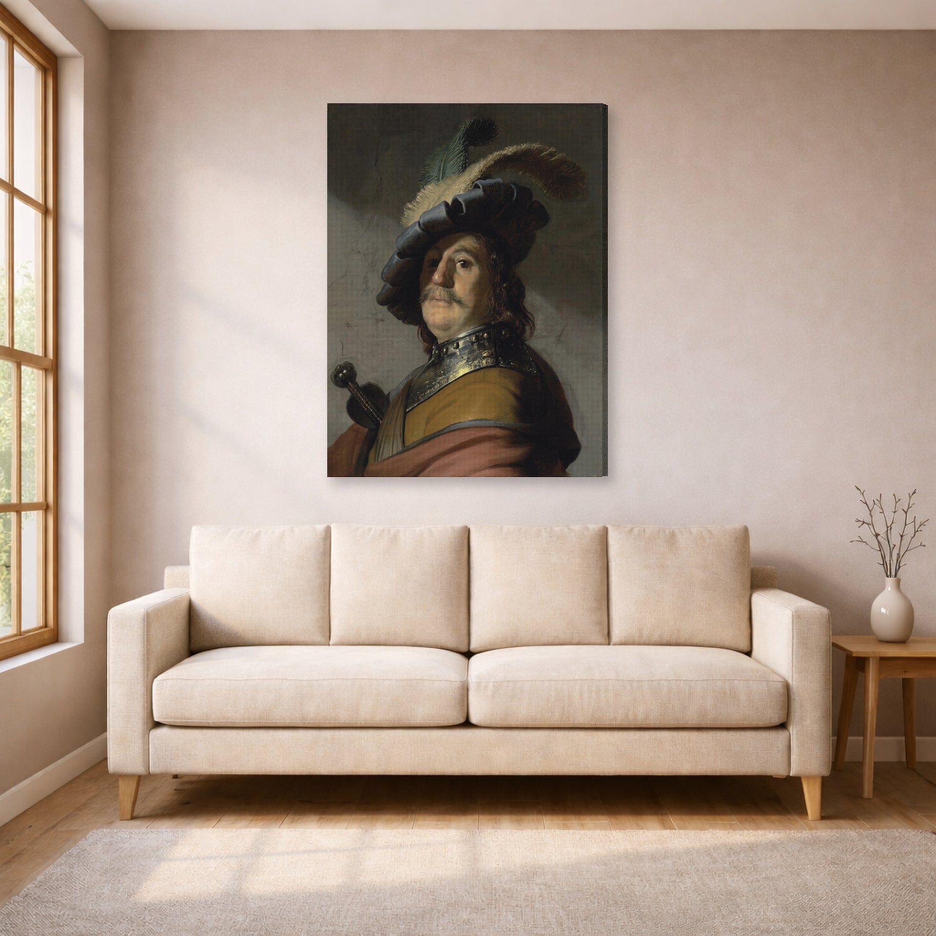 Gallery-wrapped canvas print of Rembrandt's A Man in a Gorget and Cap displayed on a wall in a living room