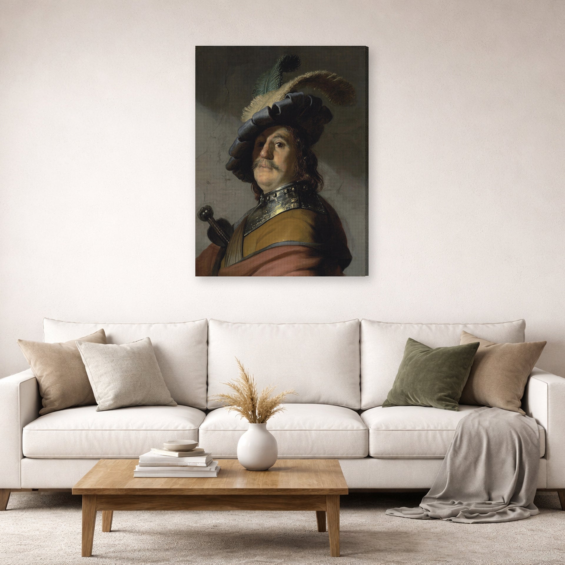 Gallery-wrapped canvas print of Rembrandt's A Man in a Gorget and Cap displayed on a wall in a living room