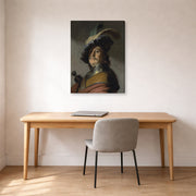 Gallery-wrapped canvas print of Rembrandt's A Man in a Gorget and Cap displayed on a wall in an office