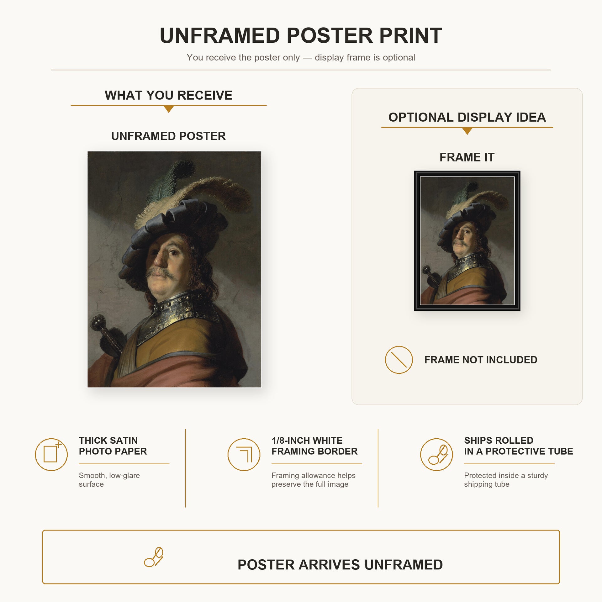 Rembrandt - A Man in a Gorget and Cap poster print size comparison and framing display infographic