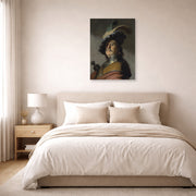 Unframed poster print of Rembrandt's A Man in a Gorget and Cap displayed on a wall in a bedroom