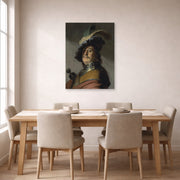 Unframed poster print of Rembrandt's A Man in a Gorget and Cap displayed on a wall in a dining room