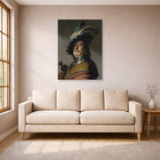 Unframed poster print of Rembrandt's A Man in a Gorget and Cap displayed on a wall in a living room