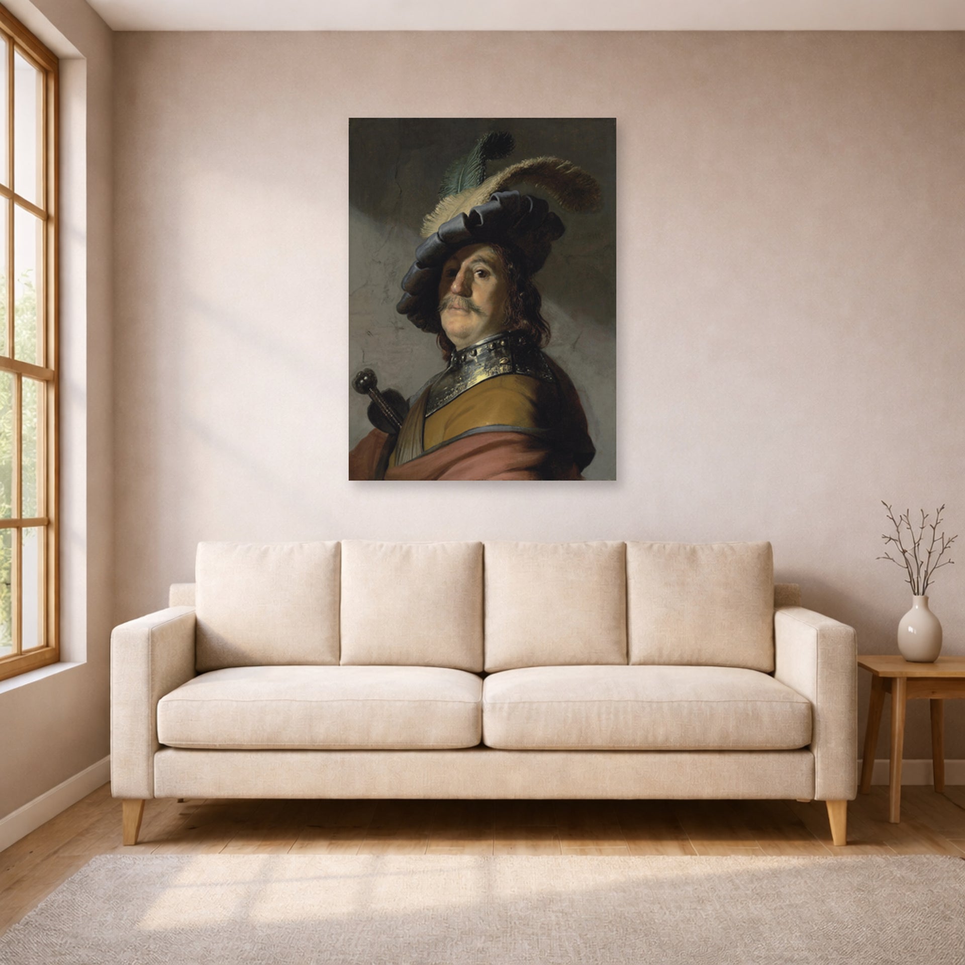 Unframed poster print of Rembrandt's A Man in a Gorget and Cap displayed on a wall in a living room