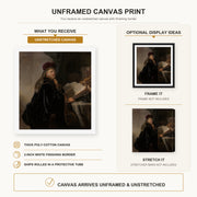 Rembrandt - A Scholar Seated at a Desk canvas print size comparison and framing display infographic