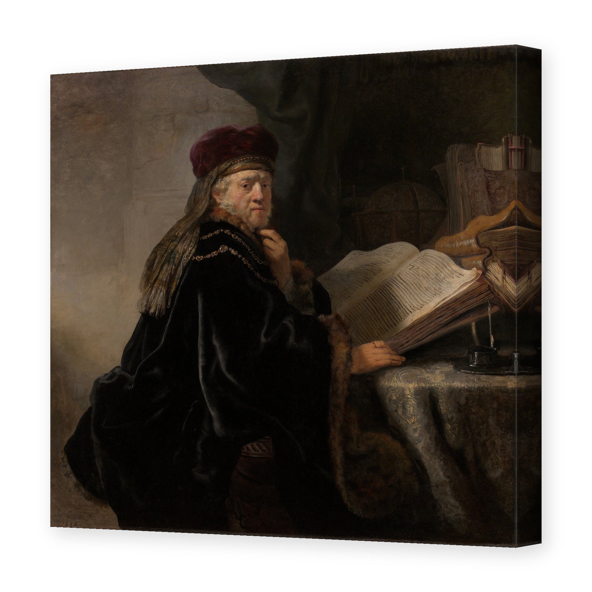 Rembrandt's 'A Scholar Seated at a Desk' painting reproduced as a gallery-wrapped canvas print