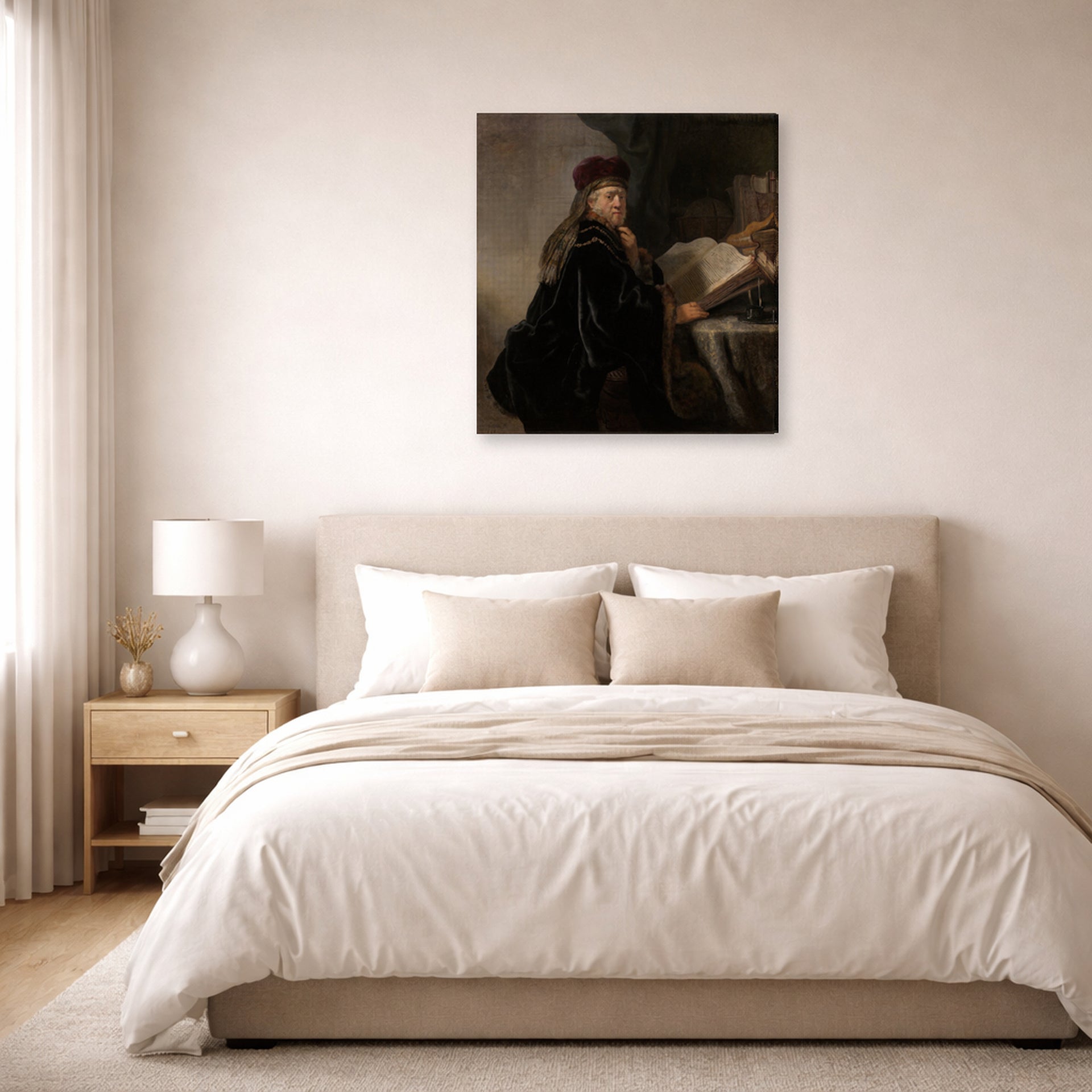 Gallery-wrapped canvas print of Rembrandt's A Scholar Seated at a Desk displayed on a wall in a bedroom